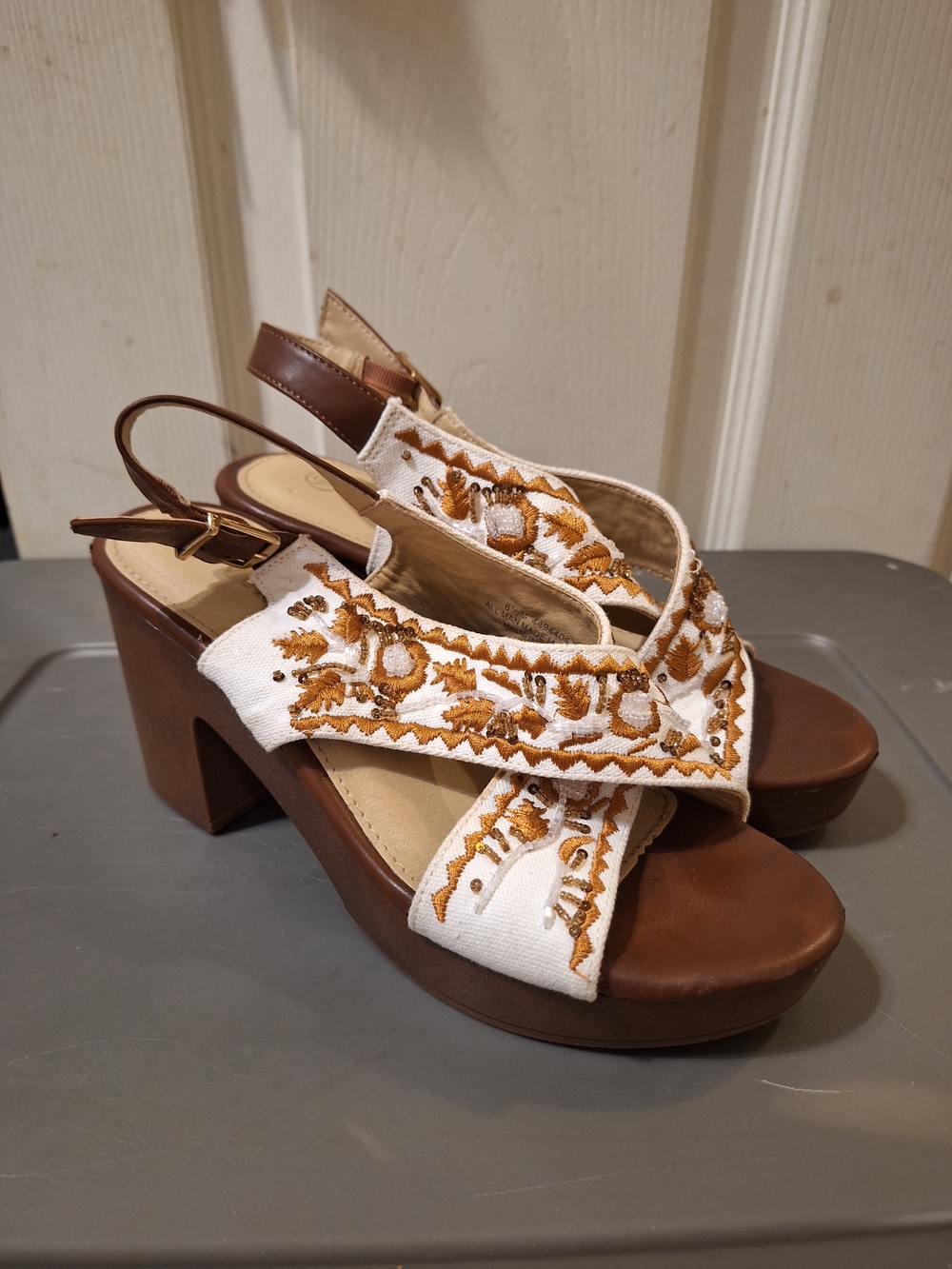 Embroidered White & Brown Platform Slingback Sandals